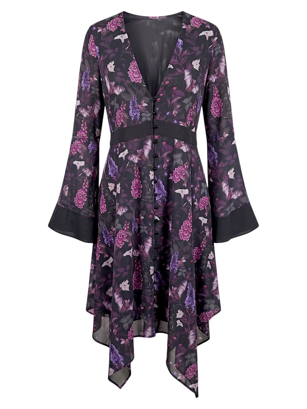 KILLSTAR Ianthe Dress XL Black Purple Floral Hanky Hem Bell Sleeve NWT